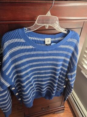 CAbi Blue and White Striped Crewneck Sweater with Side Buttons